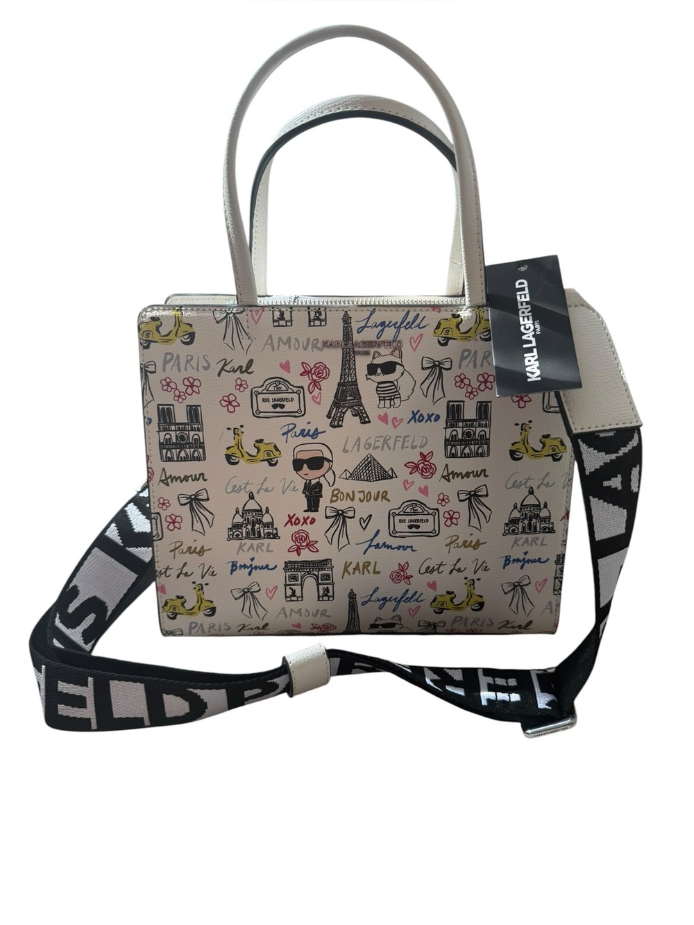 Karl Lagerfeld Cream Sketch-Print Crossbody Tote with Black Logo Strap
